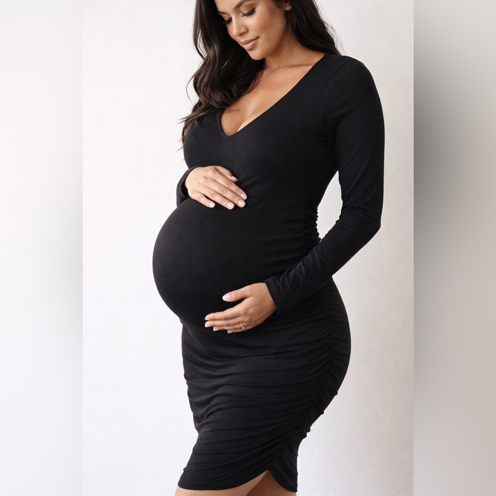 Thyme size Small, Elegant Black Maternity Dress, ruching sides, stretchy